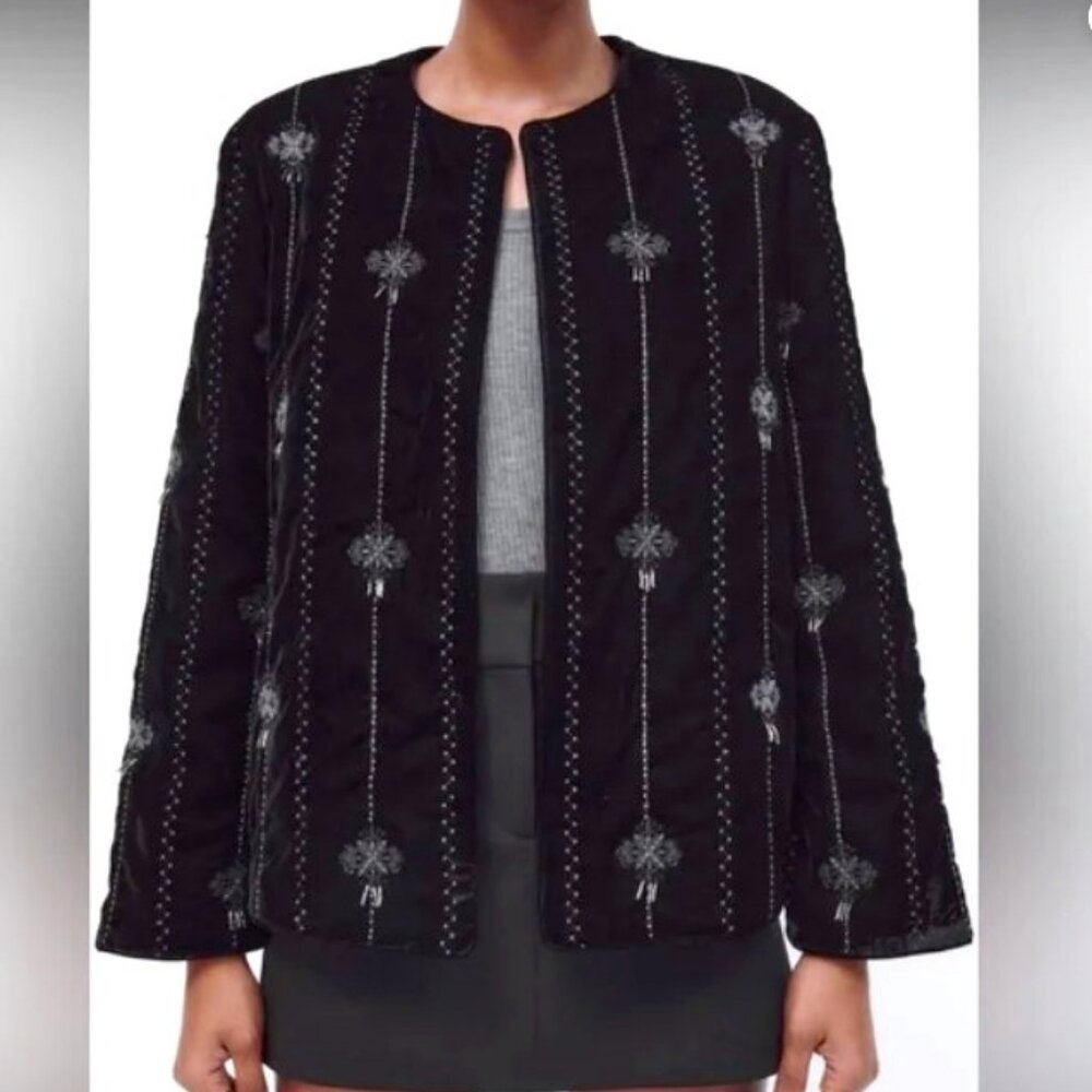 Zara Black Velvet Silver Embroidered Beaded Open Front Jacket Size Small NWT